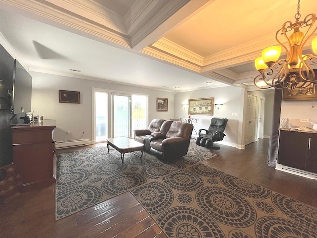 living room featuring baseboards, an inviting chandelier, a baseboard radiator, dark wood-type flooring, and ornamental molding