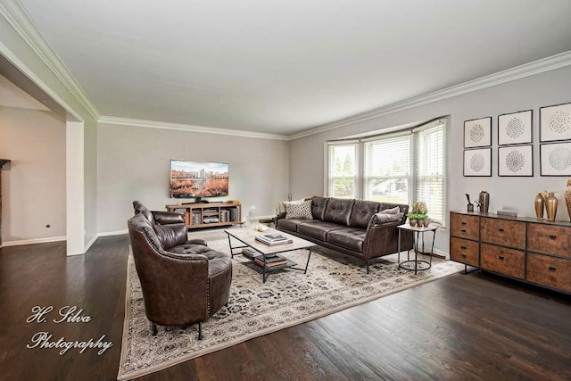 living area featuring wood finished floors, crown molding, and baseboards