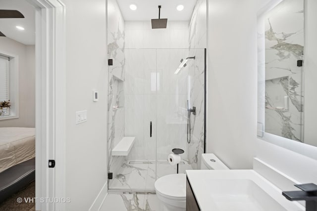 4816 S St Lawrence Ave Unit 302, Chicago, IL 60615 - bathroom featuring marble look tiles, toilet, vanity, a marble finish shower, and recessed lighting