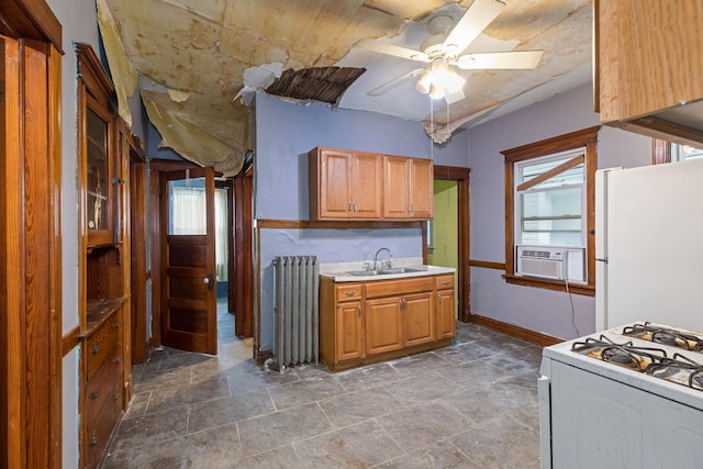 kitchen with radiator, a sink, a healthy amount of sunlight, and white appliances
