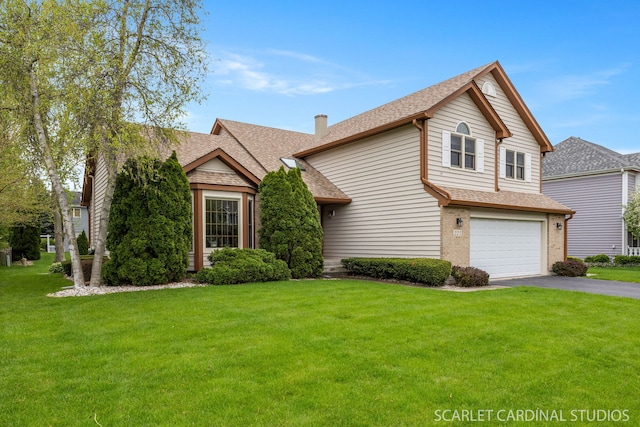 221 Ashley Ct, Oswego, IL 60543 - view of front facade featuring driveway, a shingled roof, a garage, and a chimney
