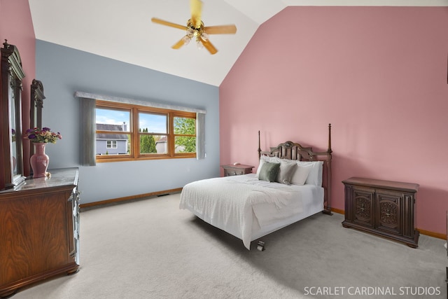 221 Ashley Ct, Oswego, IL 60543 - carpeted bedroom featuring baseboards, high vaulted ceiling, and ceiling fan