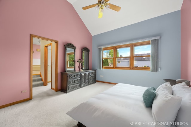 221 Ashley Ct, Oswego, IL 60543 - carpeted bedroom with high vaulted ceiling, baseboards, and a ceiling fan