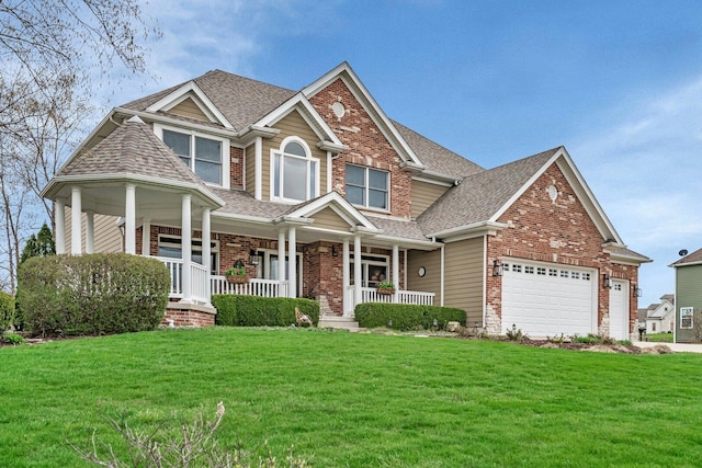 craftsman inspired home with a porch, a garage, a shingled roof, and brick siding