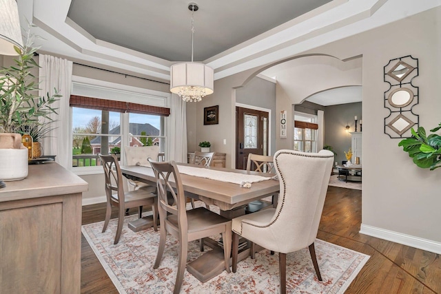dining room with baseboards, arched walkways, a wealth of natural light, and a tray ceiling