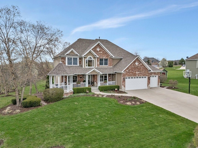 craftsman-style home with a porch, a shingled roof, driveway, a front lawn, and an attached garage