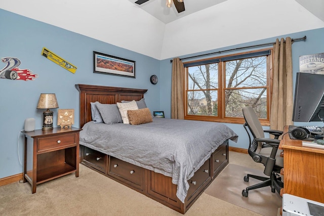 bedroom featuring ceiling fan, baseboards, vaulted ceiling, and light carpet
