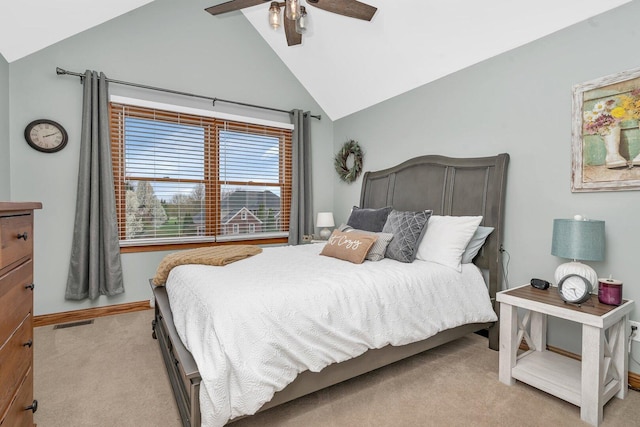 carpeted bedroom with lofted ceiling, ceiling fan, visible vents, and baseboards