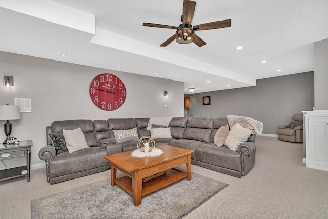 living room featuring baseboards, recessed lighting, ceiling fan, and carpet flooring