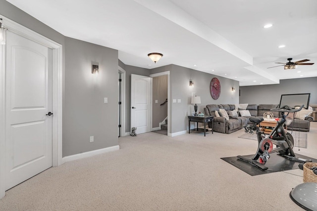 workout area with recessed lighting, a ceiling fan, carpet floors, and baseboards