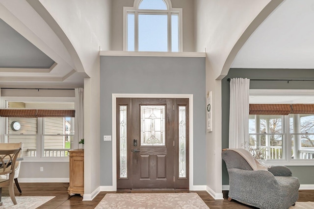 foyer entrance with baseboards, dark wood finished floors, and arched walkways