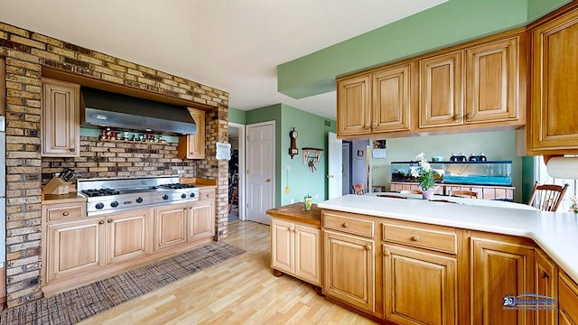 8400 Howe Rd, Wonder Lake, IL 60097 - kitchen featuring stainless steel gas stovetop, light wood-style floors, tasteful backsplash, wall chimney range hood, and light countertops