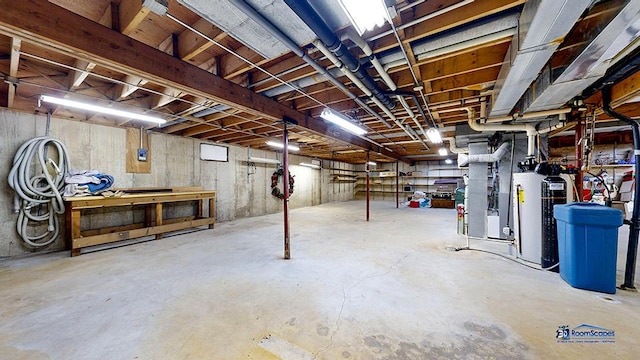 8400 Howe Rd, Wonder Lake, IL 60097 - unfinished basement featuring a workshop area, water heater, and heating unit