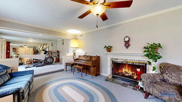 8400 Howe Rd, Wonder Lake, IL 60097 - living area with ornamental molding, a ceiling fan, a fireplace with flush hearth, and carpet