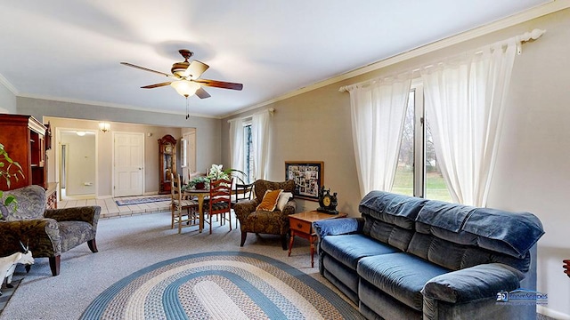8400 Howe Rd, Wonder Lake, IL 60097 - living room with ornamental molding, light carpet, and ceiling fan