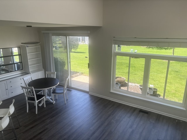 dining room with visible vents, baseboards, and dark wood finished floors