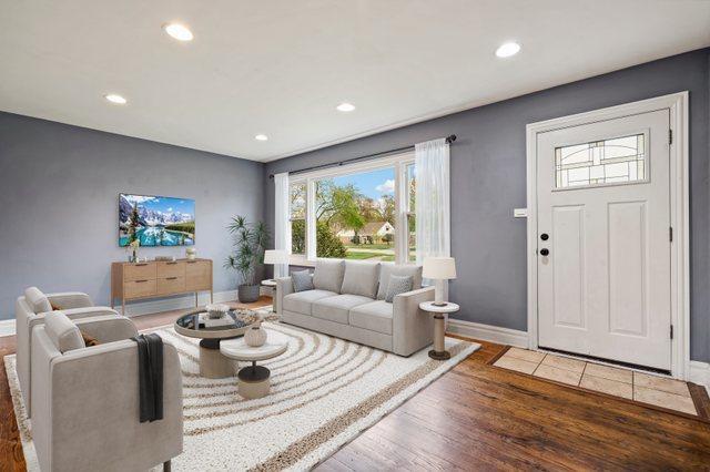 5932 107th Pl, Chicago Ridge, IL 60415 - living room with baseboards, recessed lighting, and wood finished floors