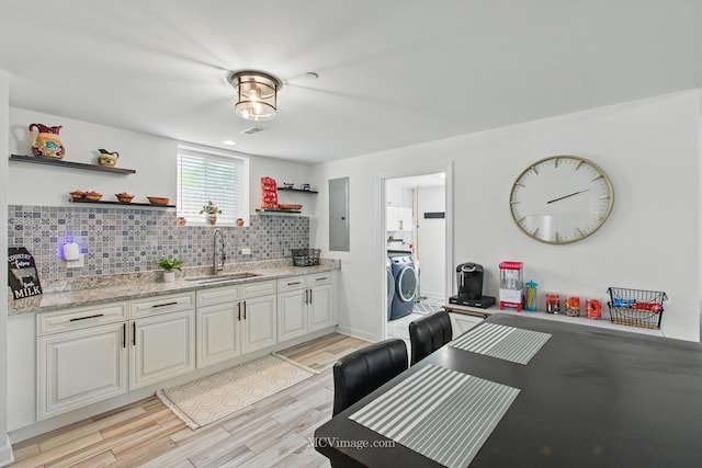8566 S 83rd Ave, Hickory Hills, IL 60457 - kitchen with open shelves, backsplash, electric panel, and a sink