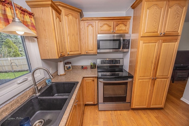 1315 Dellmar Ave, Joliet, IL 60435 - kitchen with stainless steel appliances, ornamental molding, a sink, and light wood-style floors