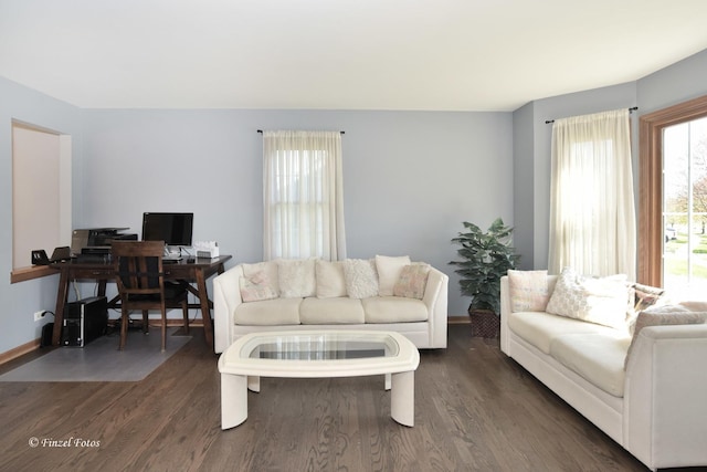living area featuring dark wood-style floors