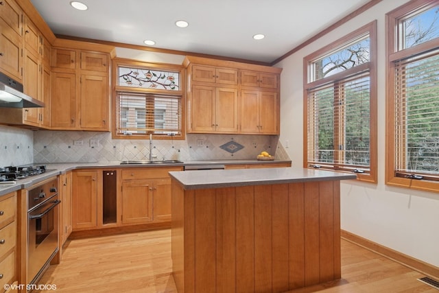 kitchen featuring stainless steel appliances, a center island, a sink, visible vents, and light wood-style floors