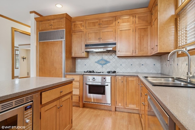 kitchen featuring a sink, decorative backsplash, built in appliances, light wood finished floors, and under cabinet range hood