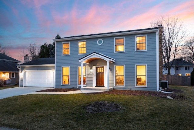 925 Appomattox Cir, Naperville, IL 60540 - colonial home featuring fence, an attached garage, a chimney, cooling unit, and driveway