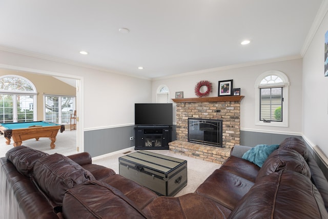 925 Appomattox Cir, Naperville, IL 60540 - living room with carpet floors, a brick fireplace, a wainscoted wall, billiards, and ornamental molding