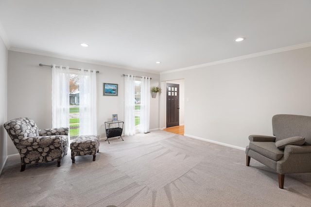 925 Appomattox Cir, Naperville, IL 60540 - living area featuring crown molding, baseboards, and light colored carpet