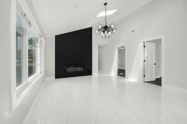 unfurnished living room with an inviting chandelier, high vaulted ceiling, marble finish floor, visible vents, and baseboards