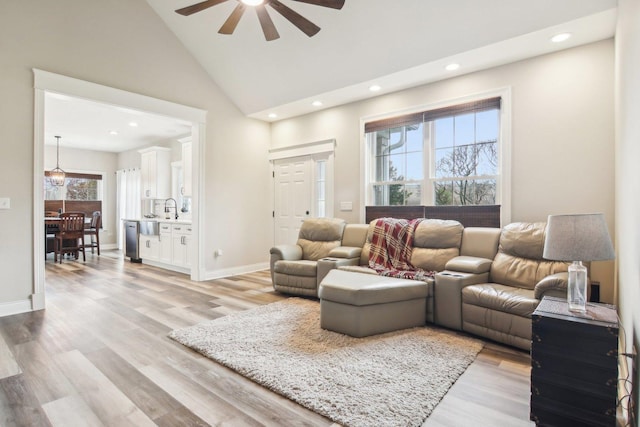 1461 S Candlestick Way, Waukegan, IL 60085 - living area with recessed lighting, high vaulted ceiling, light wood-type flooring, a ceiling fan, and baseboards