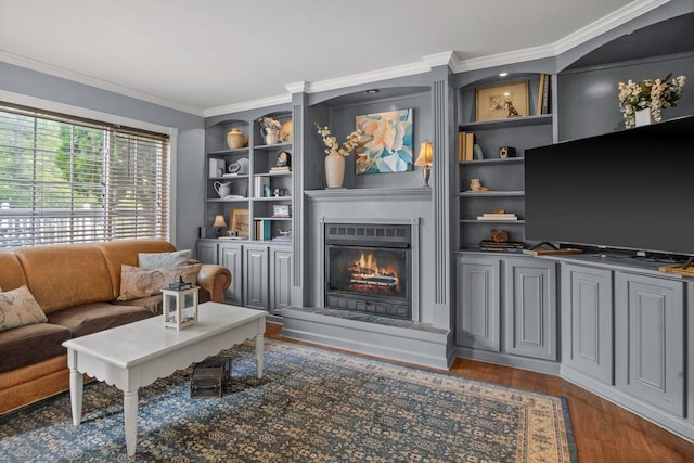3 Spring Garden Ct, Lake In The Hills, IL 60156 - living room featuring wood finished floors, a lit fireplace, ornamental molding, and built in features