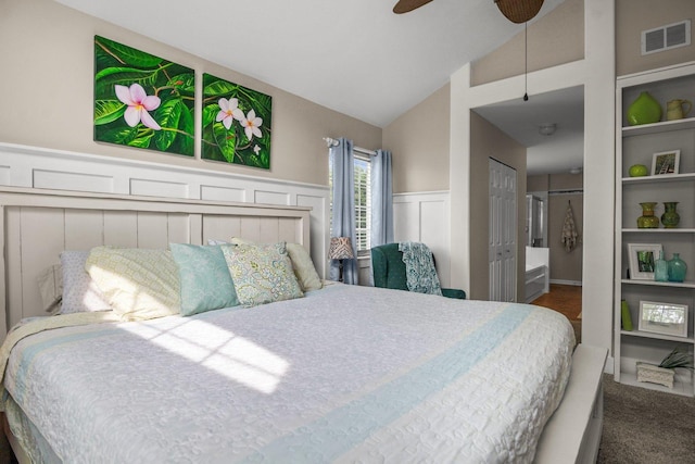 3 Spring Garden Ct, Lake In The Hills, IL 60156 - bedroom with carpet floors, a wainscoted wall, high vaulted ceiling, a decorative wall, and ceiling fan