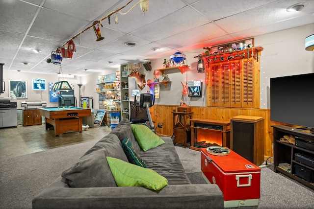 3 Spring Garden Ct, Lake In The Hills, IL 60156 - carpeted living area featuring a paneled ceiling, pool table, wainscoting, and wooden walls
