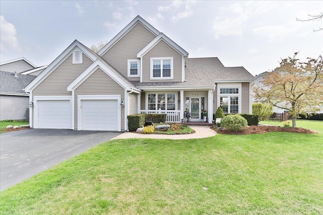 view of front of house featuring a garage, a front yard, roof with shingles, a porch, and driveway