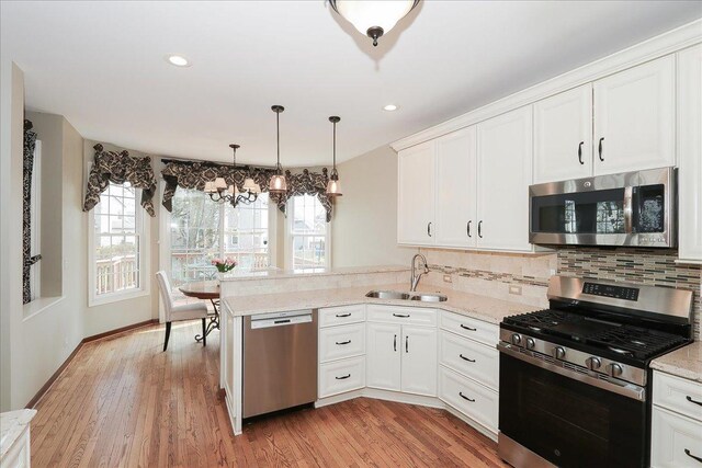 kitchen featuring white cabinets, a sink, stainless steel appliances, a peninsula, and tasteful backsplash