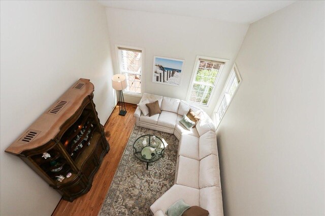 living area with lofted ceiling and wood finished floors