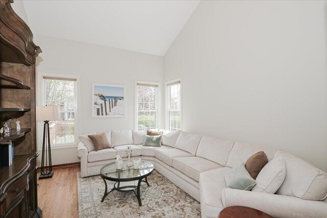 living room featuring high vaulted ceiling and light wood finished floors
