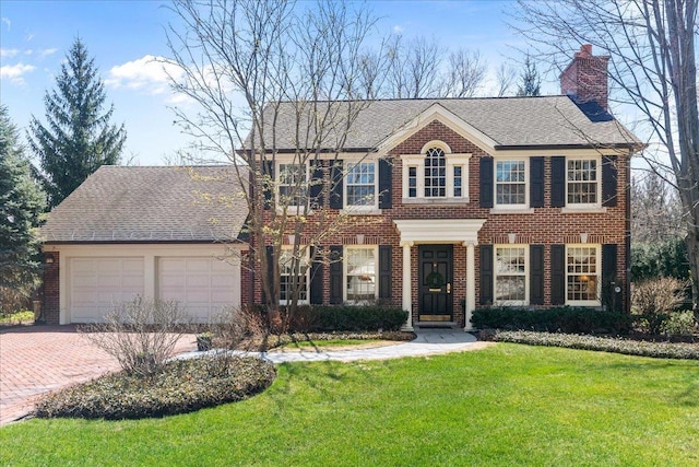 1300 Hackberry Ln, Winnetka, IL 60093 - colonial inspired home featuring brick siding, a chimney, a front yard, a garage, and decorative driveway