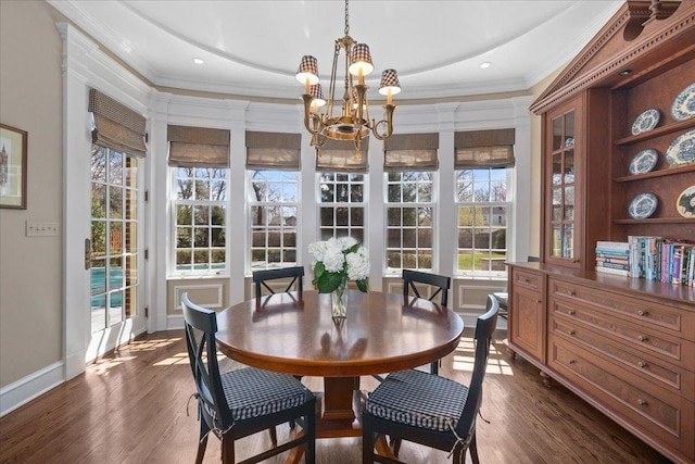 1300 Hackberry Ln, Winnetka, IL 60093 - dining room featuring crown molding, dark wood-style floors, and a chandelier