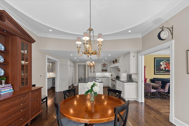 1300 Hackberry Ln, Winnetka, IL 60093 - dining room with a chandelier, dark wood-type flooring, recessed lighting, and crown molding