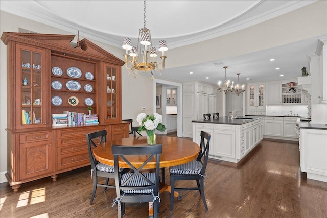 1300 Hackberry Ln, Winnetka, IL 60093 - dining area featuring a chandelier, dark wood-type flooring, crown molding, and recessed lighting