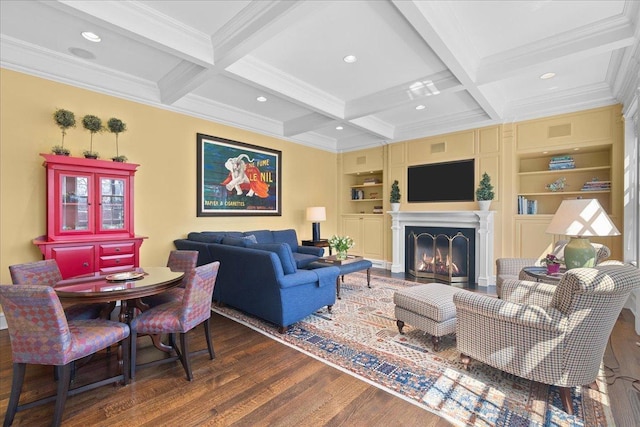 1300 Hackberry Ln, Winnetka, IL 60093 - living area with ornamental molding, coffered ceiling, wood finished floors, beamed ceiling, and a fireplace with flush hearth