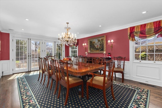 1300 Hackberry Ln, Winnetka, IL 60093 - dining space with ornamental molding, a chandelier, wood finished floors, wainscoting, and recessed lighting