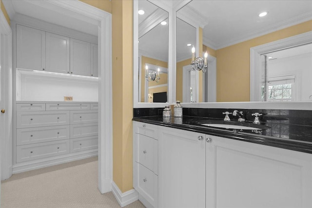 1300 Hackberry Ln, Winnetka, IL 60093 - bathroom with crown molding, recessed lighting, vanity, and baseboards