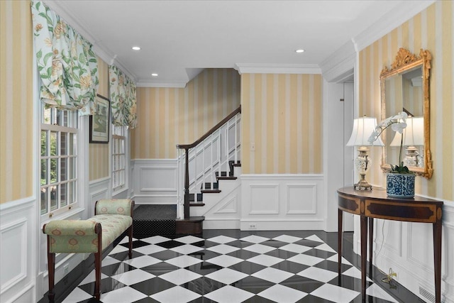 1300 Hackberry Ln, Winnetka, IL 60093 - entrance foyer featuring ornamental molding, stairs, recessed lighting, a wainscoted wall, and wallpapered walls