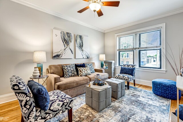 1949 W Argyle St Unit 1, Chicago, IL 60640 - living area featuring radiator, crown molding, wood finished floors, and a ceiling fan