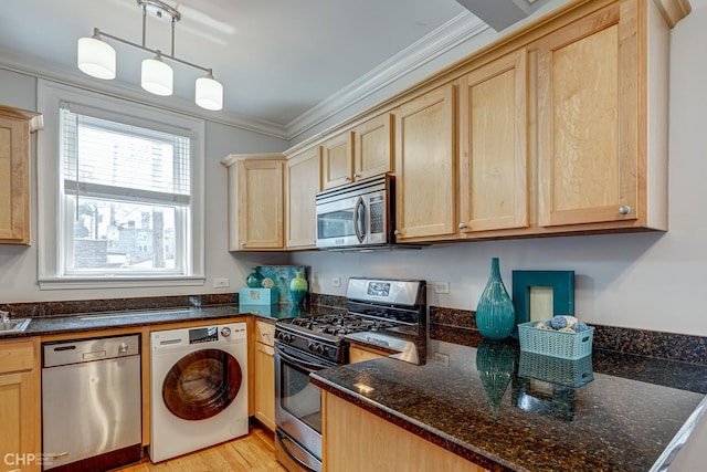 1949 W Argyle St Unit 1, Chicago, IL 60640 - kitchen featuring stainless steel appliances, washer / clothes dryer, light brown cabinetry, ornamental molding, and light wood-style floors