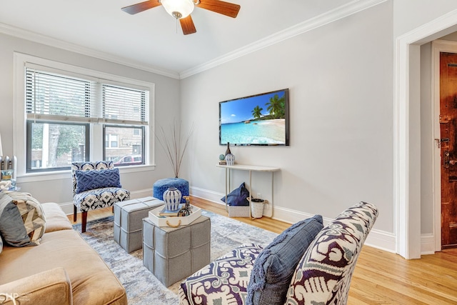 1949 W Argyle St Unit 1, Chicago, IL 60640 - living room featuring ornamental molding, light wood-style flooring, and ceiling fan