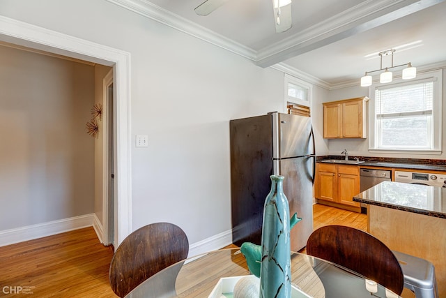 1949 W Argyle St Unit 1, Chicago, IL 60640 - kitchen with appliances with stainless steel finishes, light wood-type flooring, crown molding, ceiling fan, and dark stone countertops